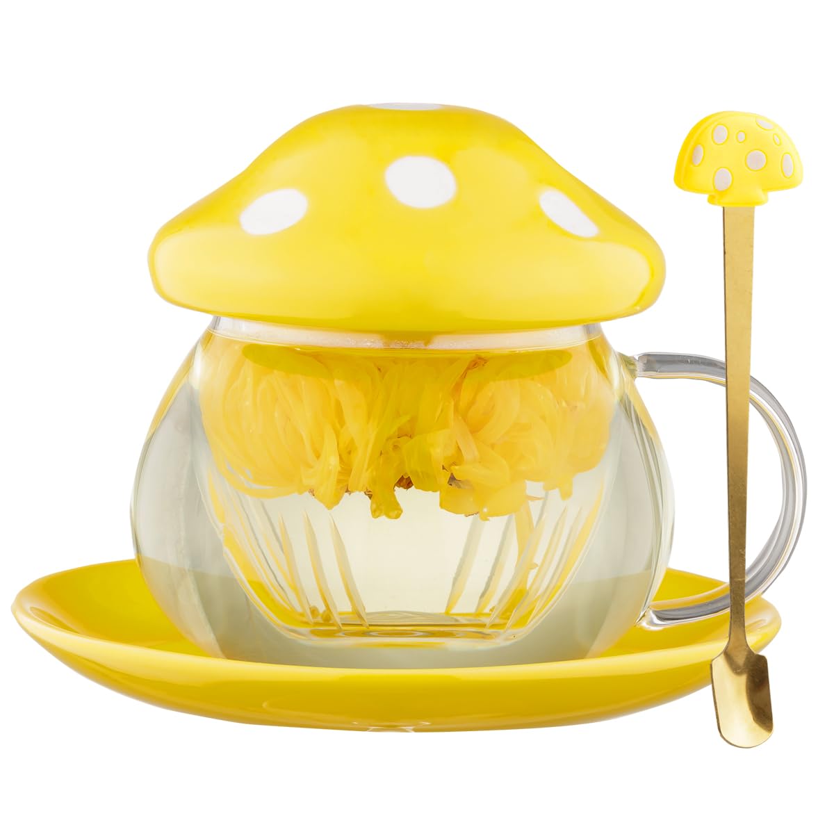 Mushroom Tea Cup Set, Cute Glass Tea Cups and Saucers, Kawaii Tea Cup with Infuser for Loose Leaf Tea Steeper, Coffee Mug Gift for Women, Tea Infuser Mug with Lid for Mother Girls (Pink)