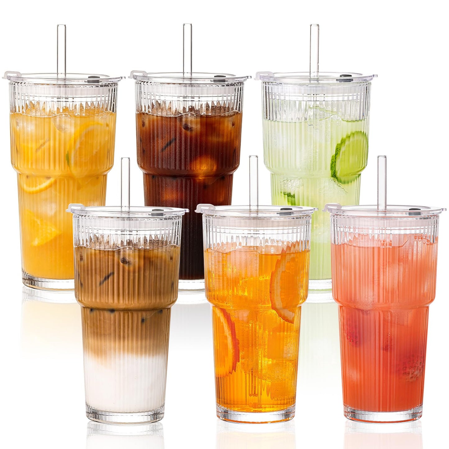 20oz Glass Tumblers with Straws and Lids, Ribbed Iced Coffee Cups Leak-proof, Dishwasher Safe, Thickened Glass Cups with Lids Ideal for Coffee and Travel, Clear, 4 Pack