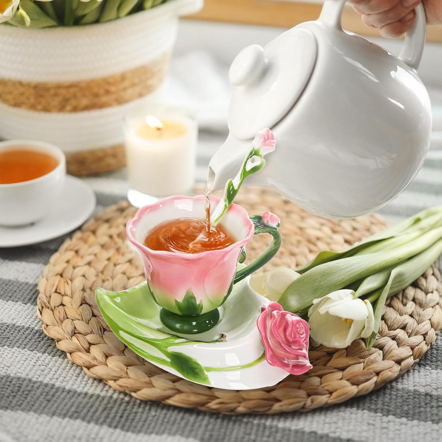 Pink tea cup set (including saucers and teaspoons), a 4.5-ounce small ceramic rose-shaped tea cup set, suitable for women and girls, a handcrafted vintage coffee latte mug, exquisite tea sets, suitable as Mother's Day, birthday gifts or wedding gifts.