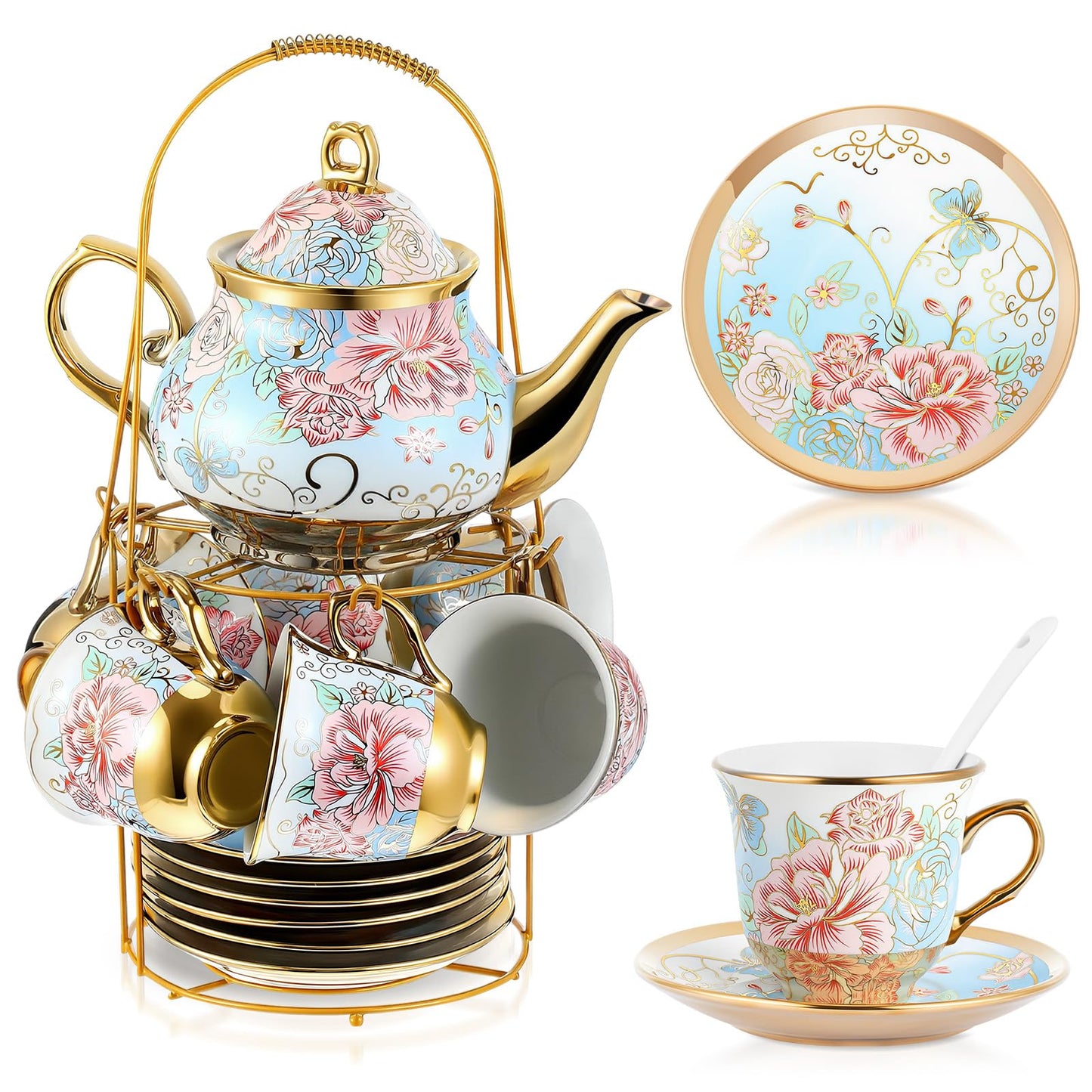 Ceramic tea set (with metal tray and spoons) Adult ceramic tea set with European floral pattern teapot, cup, tray and spoon. Suitable as a gift for women and mothers. Large version (bright style, 20 pieces)