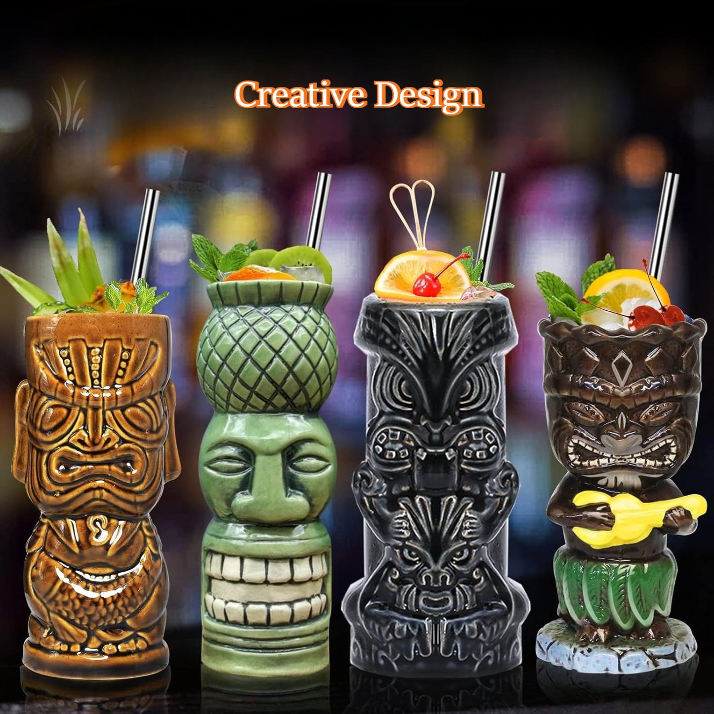 Barware Set (for cocktails - tiki cups) 4-piece set - ceramic party cups - bar decoration - creative - large Hawaiian beverage bar decoration - classic tropical drinkware - barware 4 sets