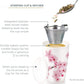 Double-layer ceramic tea cup, detachable stainless steel filter basket and lid. It can brew 12 ounces of loose tea leaves. It can be used in the dishwasher and microwave oven. It is a gift for mothers and an ideal choice when enjoying cherry blossoms.
