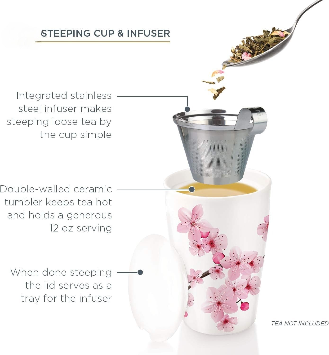 Double-layer ceramic tea cup, detachable stainless steel filter basket and lid. It can brew 12 ounces of loose tea leaves. It can be used in the dishwasher and microwave oven. It is a gift for mothers and an ideal choice when enjoying cherry blossoms.
