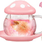 Mushroom Tea Cup Set, Cute Glass Tea Cups and Saucers, Kawaii Tea Cup with Infuser for Loose Leaf Tea Steeper, Coffee Mug Gift for Women, Tea Infuser Mug with Lid for Mother Girls (Pink)