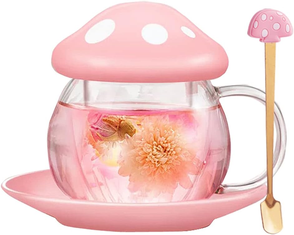 Mushroom Tea Cup Set, Cute Glass Tea Cups and Saucers, Kawaii Tea Cup with Infuser for Loose Leaf Tea Steeper, Coffee Mug Gift for Women, Tea Infuser Mug with Lid for Mother Girls (Pink)