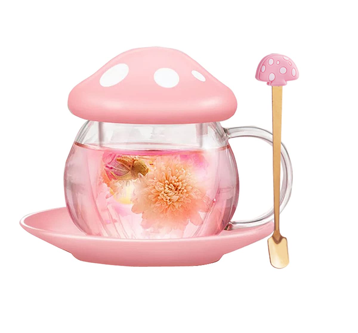 Mushroom Tea Cup Set, Cute Glass Tea Cups and Saucers, Kawaii Tea Cup with Infuser for Loose Leaf Tea Steeper, Coffee Mug Gift for Women, Tea Infuser Mug with Lid for Mother Girls (Pink)