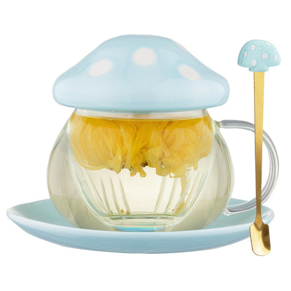 Mushroom Tea Cup Set, Cute Glass Tea Cups and Saucers, Kawaii Tea Cup with Infuser for Loose Leaf Tea Steeper, Coffee Mug Gift for Women, Tea Infuser Mug with Lid for Mother Girls (Pink)