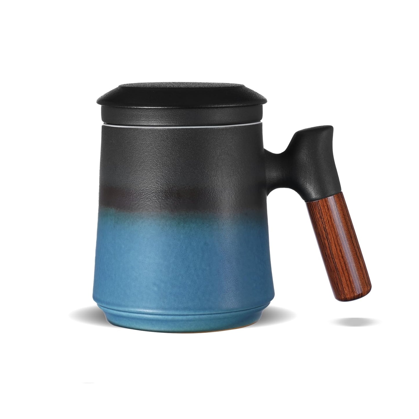 A pressed ceramic tea cup with a filter and lid, with a capacity of 14.5 ounces, a wooden handle. It is a gift set suitable for tea lovers, including a tea infuser cup and a filter.