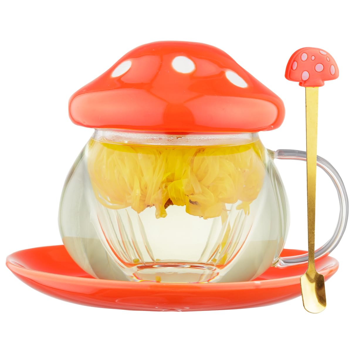 Mushroom Tea Cup Set, Cute Glass Tea Cups and Saucers, Kawaii Tea Cup with Infuser for Loose Leaf Tea Steeper, Coffee Mug Gift for Women, Tea Infuser Mug with Lid for Mother Girls (Pink)