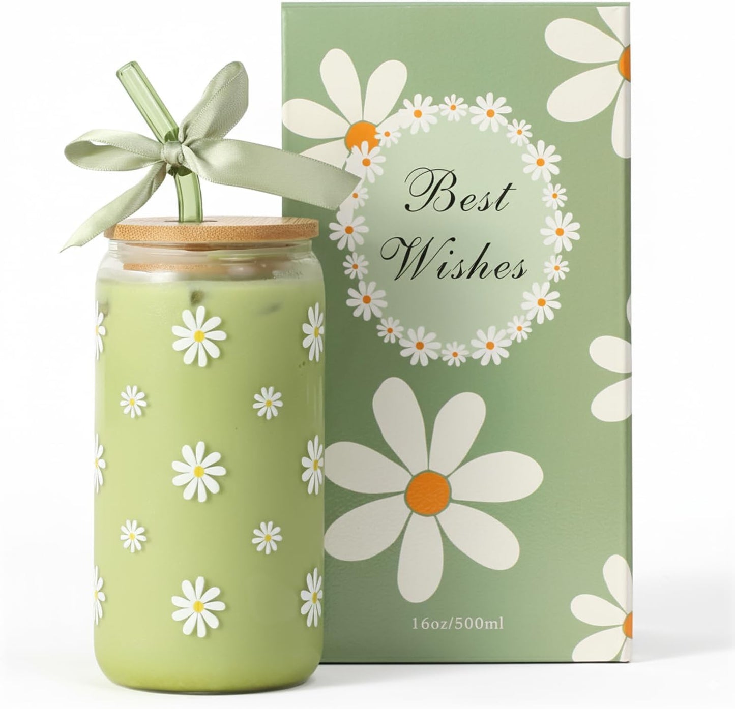 Cute Glass Matcha Cup with Lids and Straws, Teen Girl Birthday Gifts Daisy Iced Coffee Cups, Sage Green Aesthetic Mug Tumbler for Mothers Day Christmas Valentines Coffee Lover 16oz