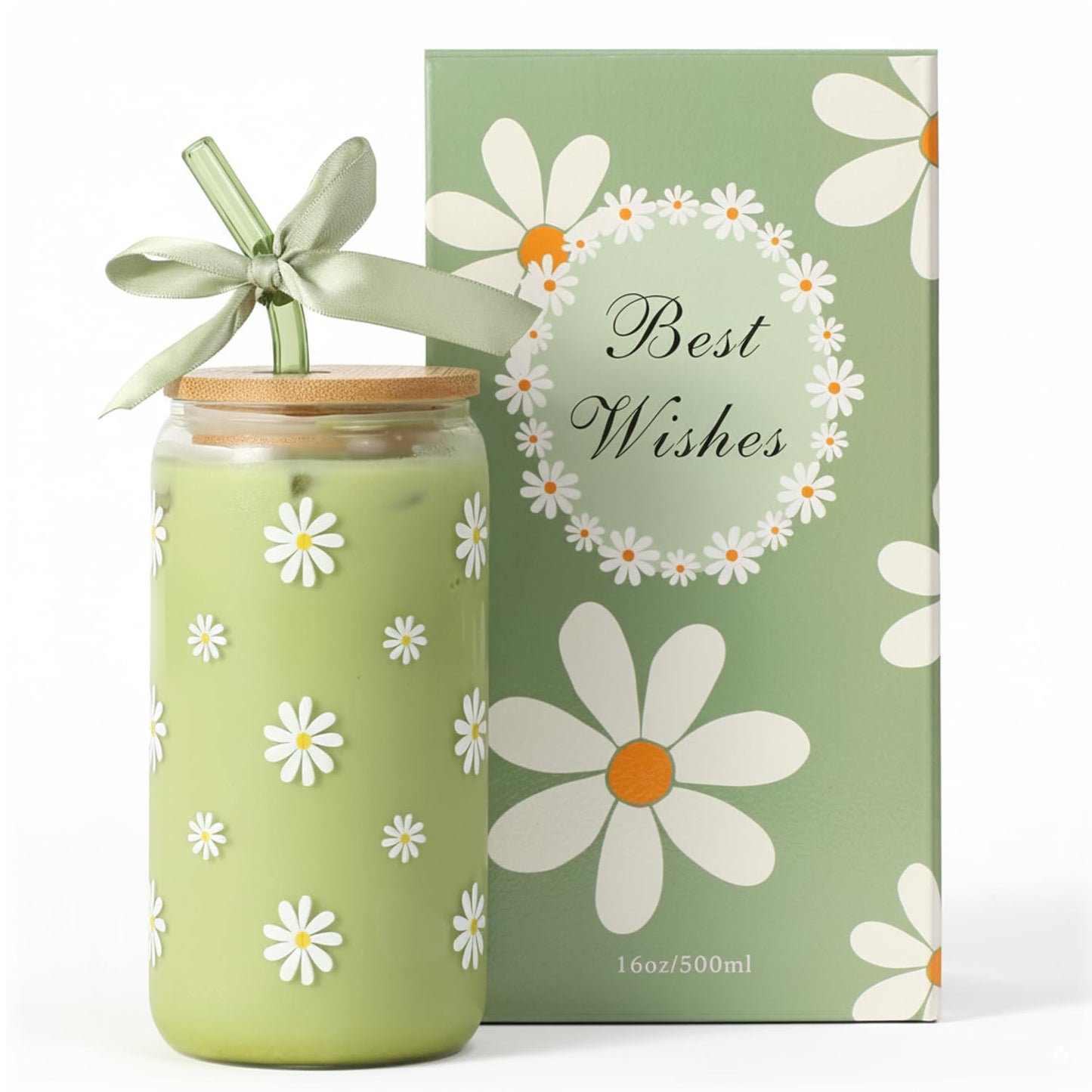 Cute Glass Matcha Cup with Lids and Straws, Teen Girl Birthday Gifts Daisy Iced Coffee Cups, Sage Green Aesthetic Mug Tumbler for Mothers Day Christmas Valentines Coffee Lover 16oz