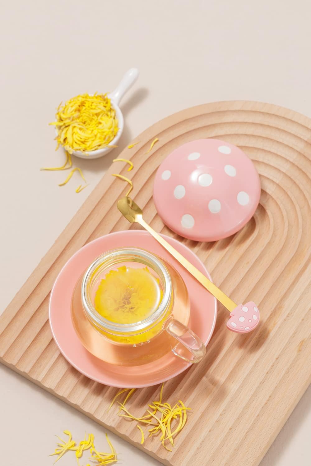 Mushroom Tea Cup Set, Cute Glass Tea Cups and Saucers, Kawaii Tea Cup with Infuser for Loose Leaf Tea Steeper, Coffee Mug Gift for Women, Tea Infuser Mug with Lid for Mother Girls (Pink)
