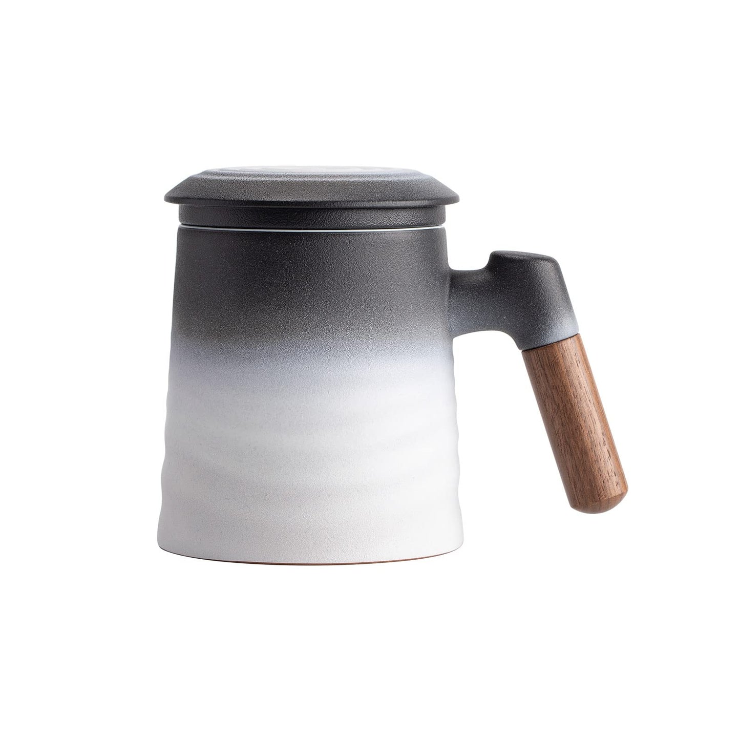 A pressed ceramic tea cup with a filter and lid, with a capacity of 14.5 ounces, a wooden handle. It is a gift set suitable for tea lovers, including a tea infuser cup and a filter.