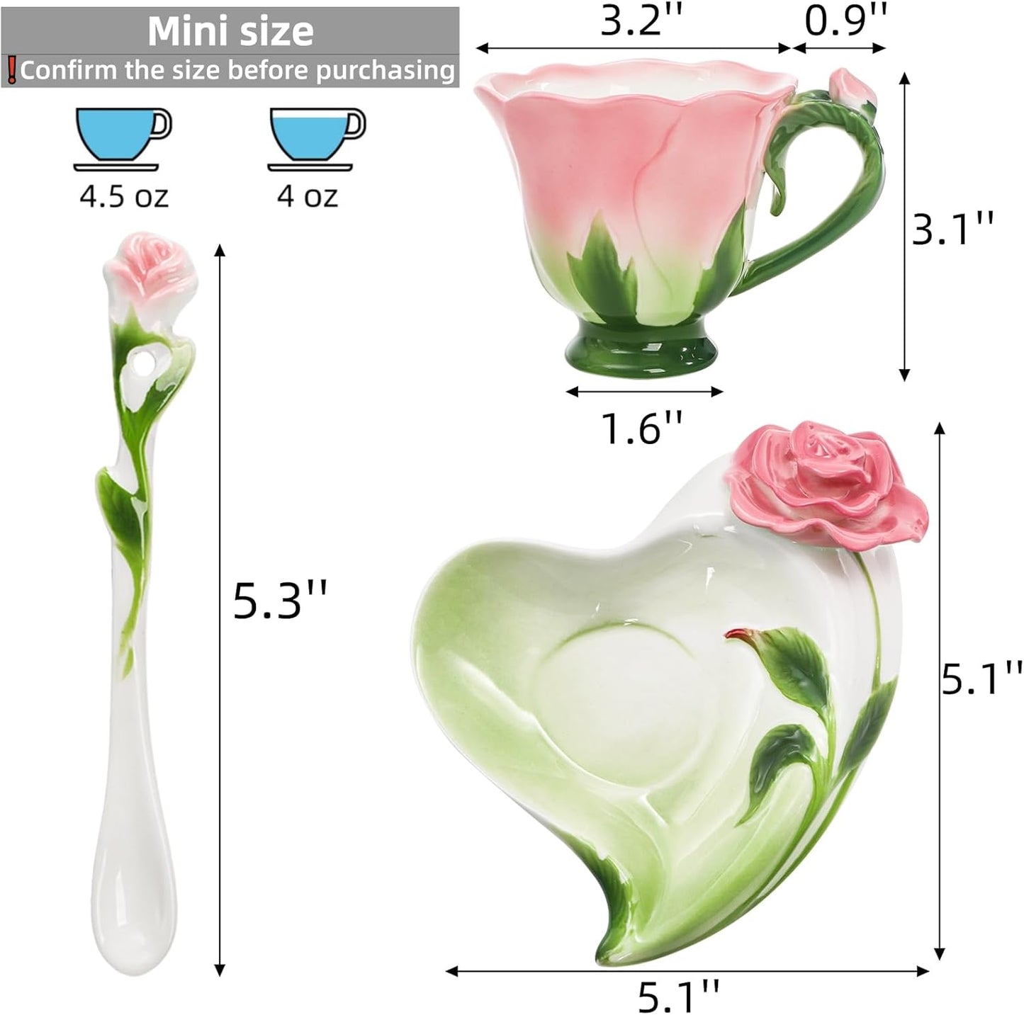 Pink tea cup set (including saucers and teaspoons), a 4.5-ounce small ceramic rose-shaped tea cup set, suitable for women and girls, a handcrafted vintage coffee latte mug, exquisite tea sets, suitable as Mother's Day, birthday gifts or wedding gifts.