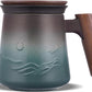 A pressed ceramic tea cup with a filter and lid, with a capacity of 14.5 ounces, a wooden handle. It is a gift set suitable for tea lovers, including a tea infuser cup and a filter.
