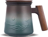 A pressed ceramic tea cup with a filter and lid, with a capacity of 14.5 ounces, a wooden handle. It is a gift set suitable for tea lovers, including a tea infuser cup and a filter.