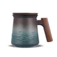 A pressed ceramic tea cup with a filter and lid, with a capacity of 14.5 ounces, a wooden handle. It is a gift set suitable for tea lovers, including a tea infuser cup and a filter.