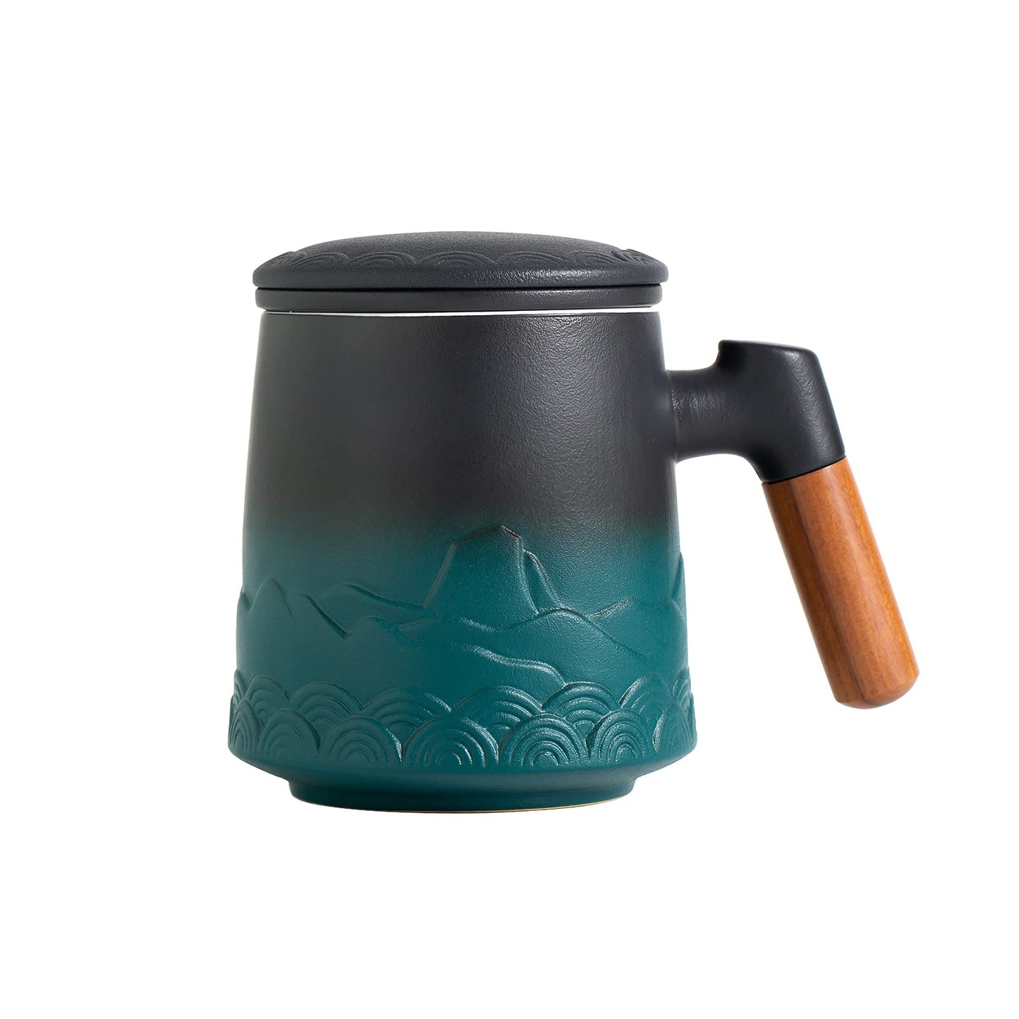 A pressed ceramic tea cup with a filter and lid, with a capacity of 14.5 ounces, a wooden handle. It is a gift set suitable for tea lovers, including a tea infuser cup and a filter.