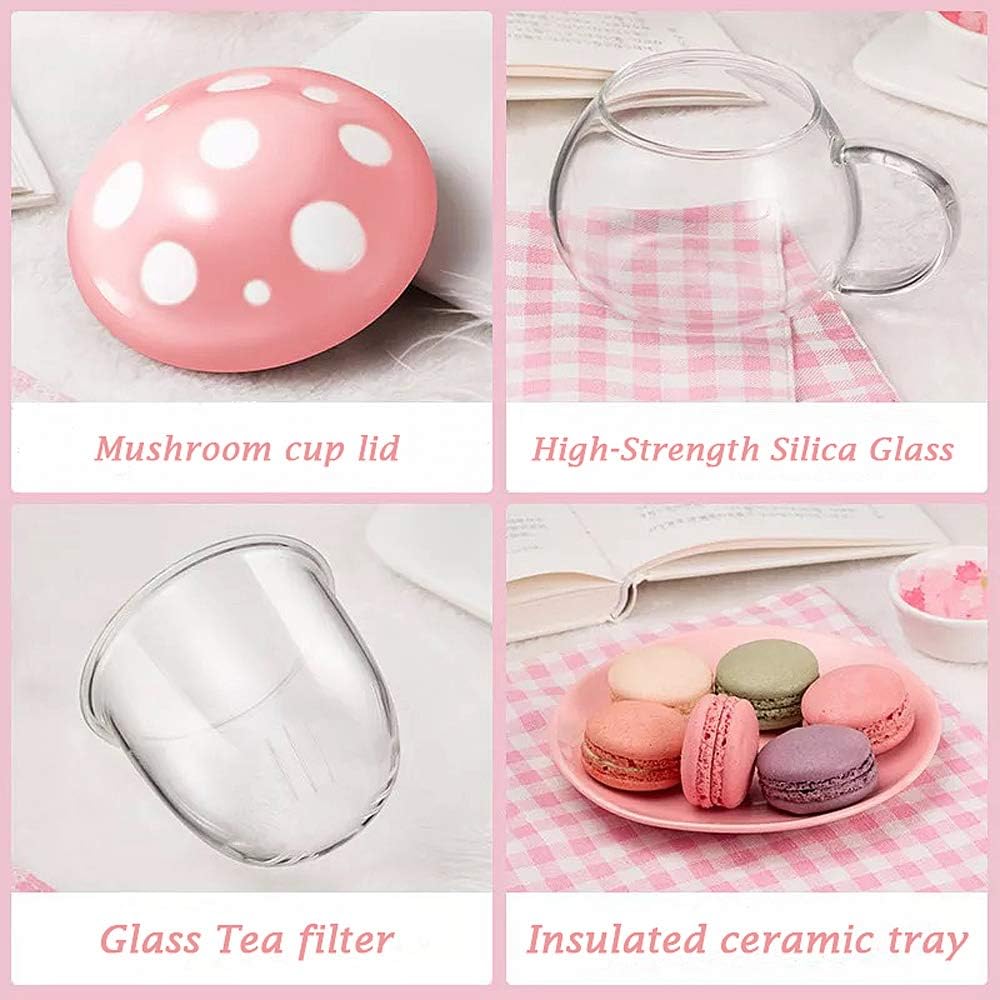 Mushroom Tea Cup Set, Cute Glass Tea Cups and Saucers, Kawaii Tea Cup with Infuser for Loose Leaf Tea Steeper, Coffee Mug Gift for Women, Tea Infuser Mug with Lid for Mother Girls (Pink)