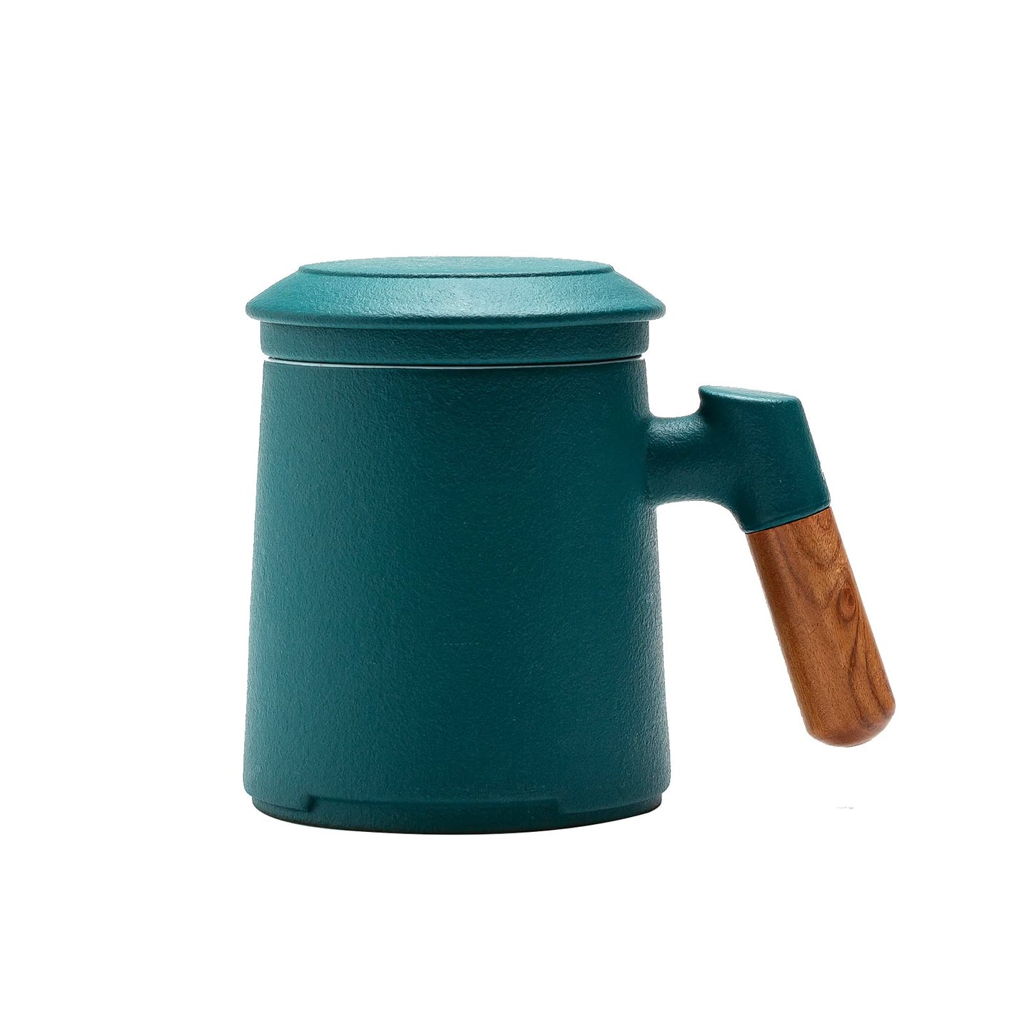 A pressed ceramic tea cup with a filter and lid, with a capacity of 14.5 ounces, a wooden handle. It is a gift set suitable for tea lovers, including a tea infuser cup and a filter.