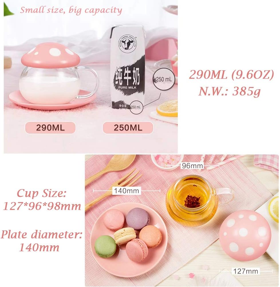 Mushroom Tea Cup Set, Cute Glass Tea Cups and Saucers, Kawaii Tea Cup with Infuser for Loose Leaf Tea Steeper, Coffee Mug Gift for Women, Tea Infuser Mug with Lid for Mother Girls (Pink)