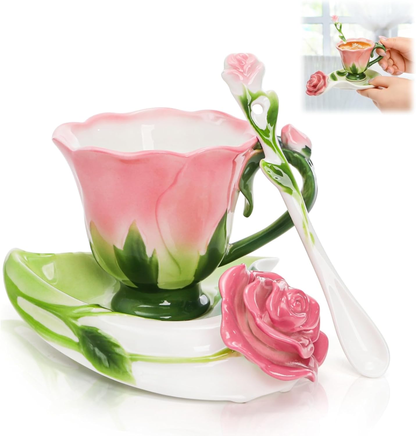 Pink tea cup set (including saucers and teaspoons), a 4.5-ounce small ceramic rose-shaped tea cup set, suitable for women and girls, a handcrafted vintage coffee latte mug, exquisite tea sets, suitable as Mother's Day, birthday gifts or wedding gifts.