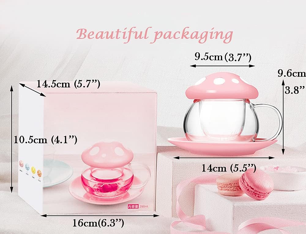 Mushroom Tea Cup Set, Cute Glass Tea Cups and Saucers, Kawaii Tea Cup with Infuser for Loose Leaf Tea Steeper, Coffee Mug Gift for Women, Tea Infuser Mug with Lid for Mother Girls (Pink)