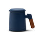 A pressed ceramic tea cup with a filter and lid, with a capacity of 14.5 ounces, a wooden handle. It is a gift set suitable for tea lovers, including a tea infuser cup and a filter.