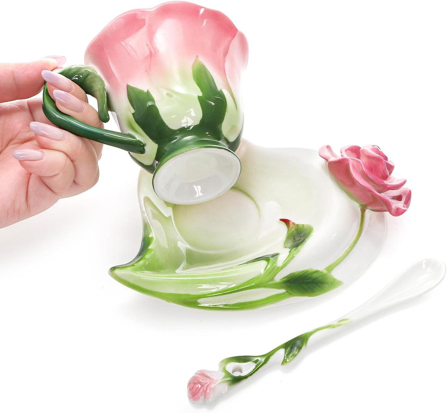 Pink tea cup set (including saucers and teaspoons), a 4.5-ounce small ceramic rose-shaped tea cup set, suitable for women and girls, a handcrafted vintage coffee latte mug, exquisite tea sets, suitable as Mother's Day, birthday gifts or wedding gifts.