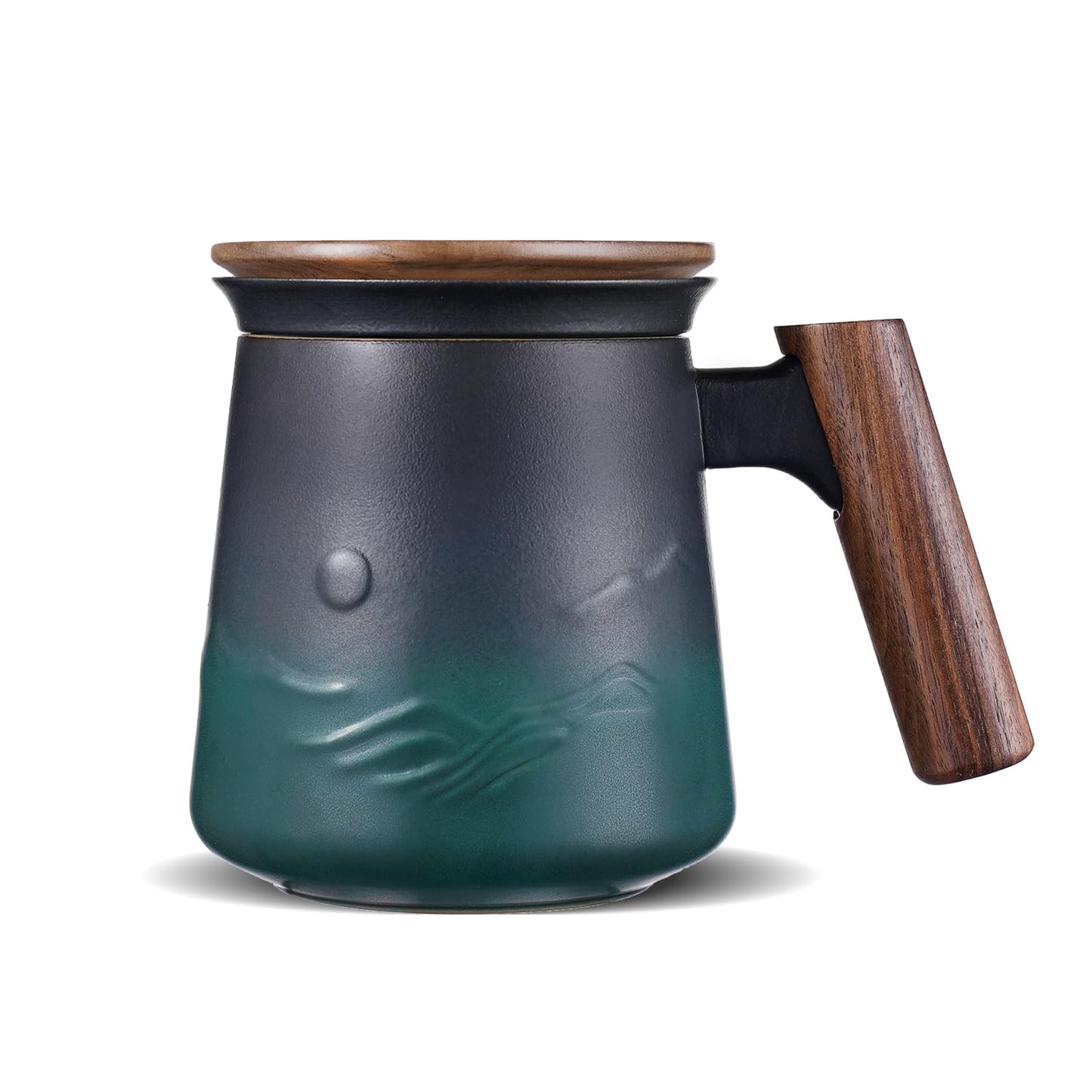 A pressed ceramic tea cup with a filter and lid, with a capacity of 14.5 ounces, a wooden handle. It is a gift set suitable for tea lovers, including a tea infuser cup and a filter.