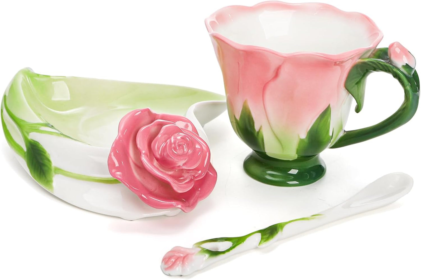 Pink tea cup set (including saucers and teaspoons), a 4.5-ounce small ceramic rose-shaped tea cup set, suitable for women and girls, a handcrafted vintage coffee latte mug, exquisite tea sets, suitable as Mother's Day, birthday gifts or wedding gifts.