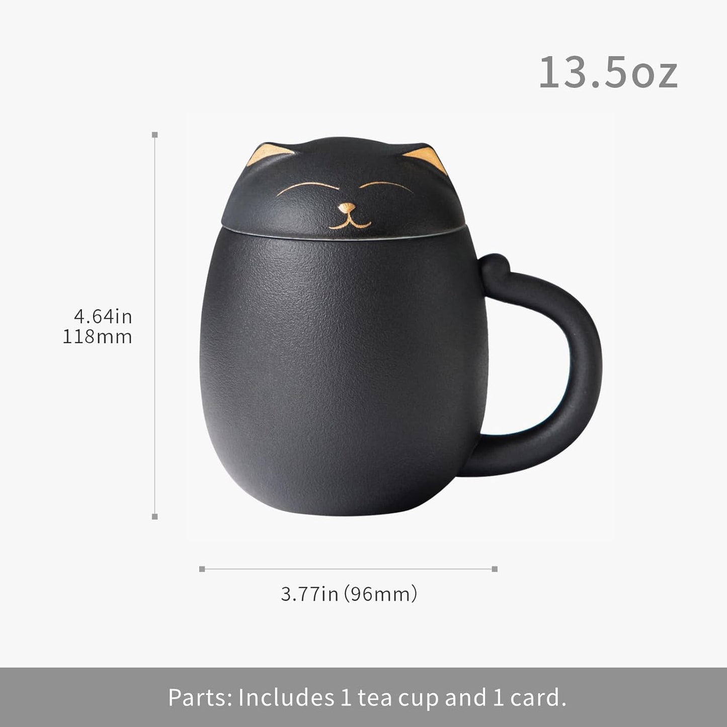 Cat Tea Cup (with filter and lid) - 13.5 oz ceramic cup - A suitable gift for cat lovers to give to friends and family. (Black)