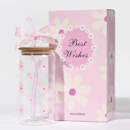Cute Glass Matcha Cup with Lids and Straws, Teen Girl Birthday Gifts Daisy Iced Coffee Cups, Sage Green Aesthetic Mug Tumbler for Mothers Day Christmas Valentines Coffee Lover 16oz