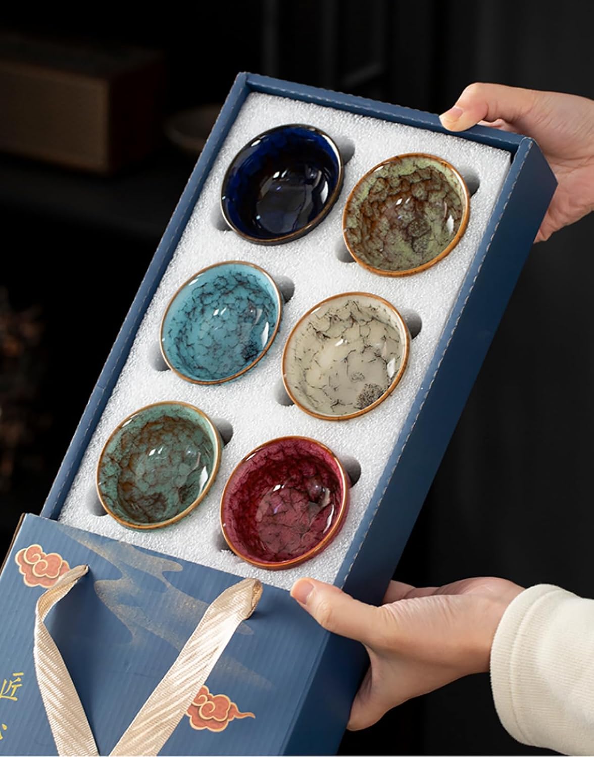 Chinese Ceramic Kung Fu Tea Set of 6, Japanese Tea Cup, Sake Cup,Sake Sets Ceramic Tea Cup, Ceramic Tea Set，Blue gift box packaging
