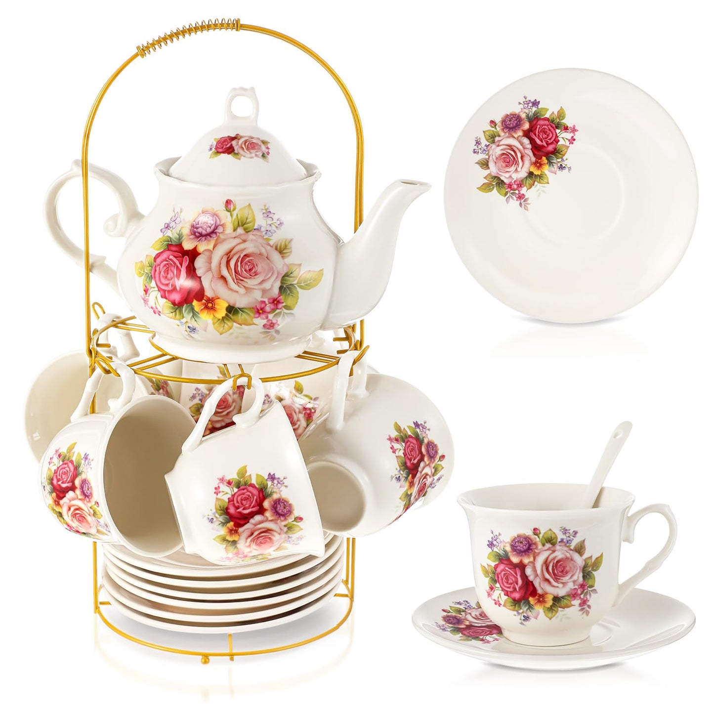 Ceramic tea set (with metal tray and spoons) Adult ceramic tea set with European floral pattern teapot, cup, tray and spoon. Suitable as a gift for women and mothers. Large version (bright style, 20 pieces)