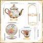Ceramic tea set (with metal tray and spoons) Adult ceramic tea set with European floral pattern teapot, cup, tray and spoon. Suitable as a gift for women and mothers. Large version (bright style, 20 pieces)