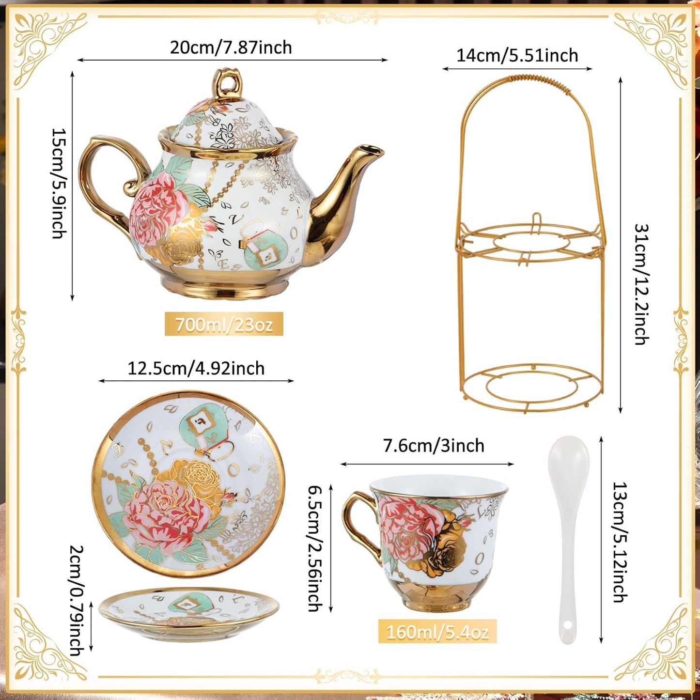 Ceramic tea set (with metal tray and spoons) Adult ceramic tea set with European floral pattern teapot, cup, tray and spoon. Suitable as a gift for women and mothers. Large version (bright style, 20 pieces)