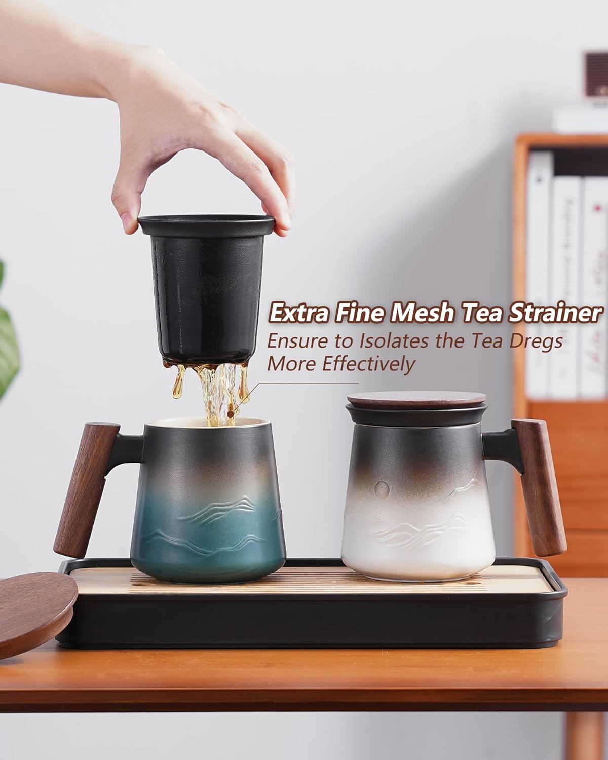 A pressed ceramic tea cup with a filter and lid, with a capacity of 14.5 ounces, a wooden handle. It is a gift set suitable for tea lovers, including a tea infuser cup and a filter.