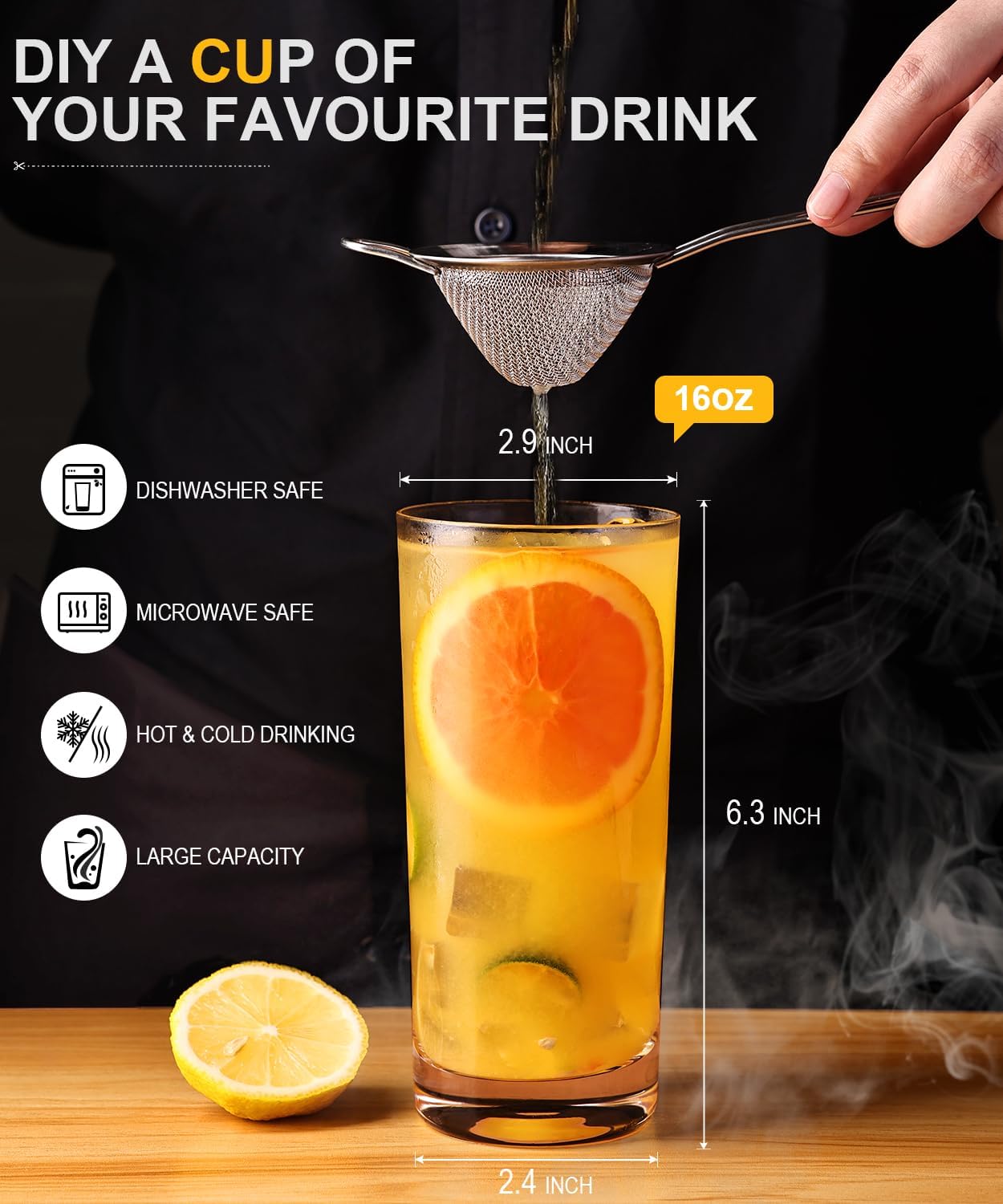 Drinking Water Glasses Set, Lead-Free Crystal Highball Glass, Tall Glass Cups for Cocktail Parties,Clear set of 6,16oz