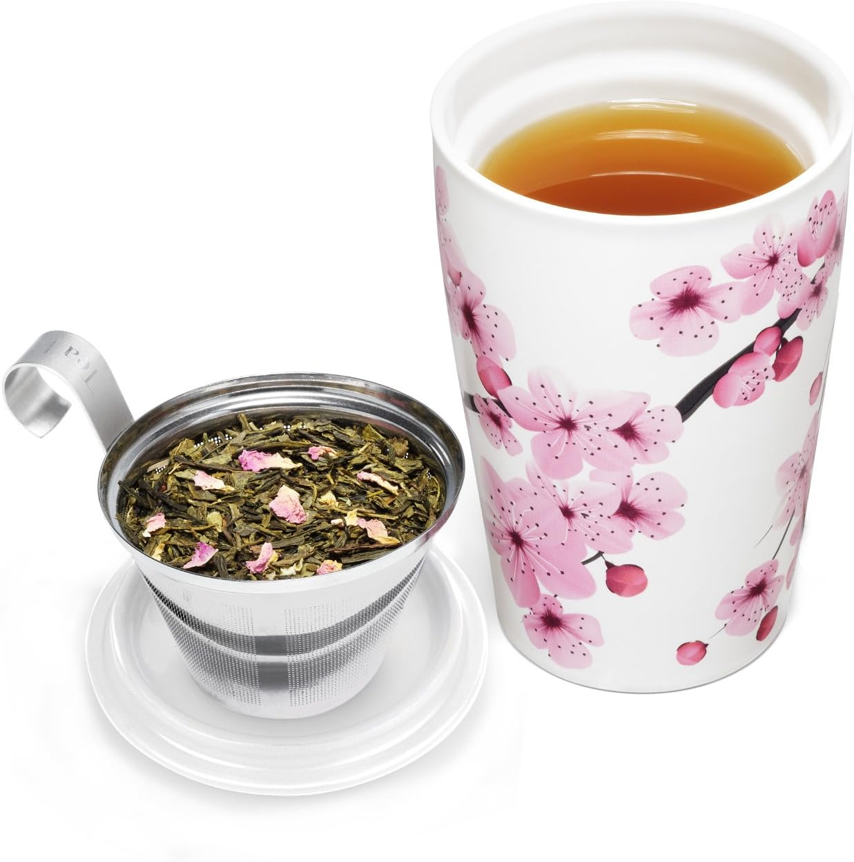 Double-layer ceramic tea cup, detachable stainless steel filter basket and lid. It can brew 12 ounces of loose tea leaves. It can be used in the dishwasher and microwave oven. It is a gift for mothers and an ideal choice when enjoying cherry blossoms.