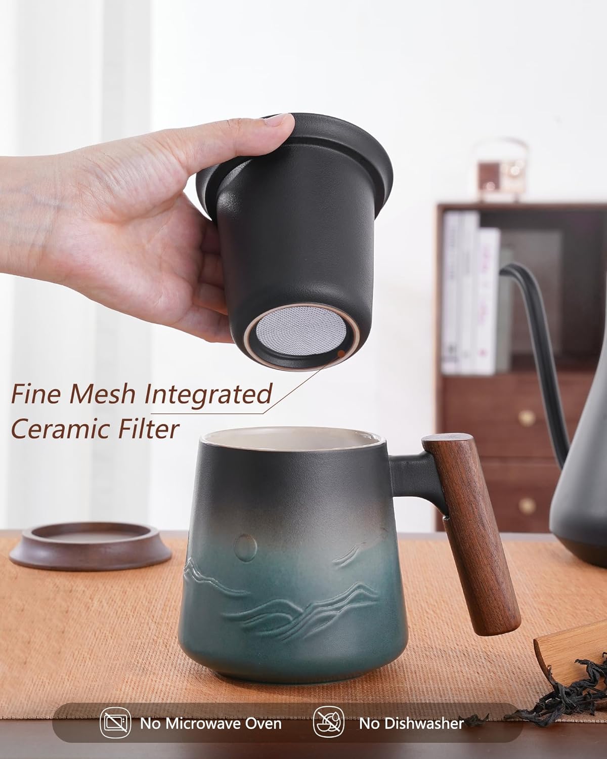 A pressed ceramic tea cup with a filter and lid, with a capacity of 14.5 ounces, a wooden handle. It is a gift set suitable for tea lovers, including a tea infuser cup and a filter.