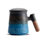 A pressed ceramic tea cup with a filter and lid, with a capacity of 14.5 ounces, a wooden handle. It is a gift set suitable for tea lovers, including a tea infuser cup and a filter.
