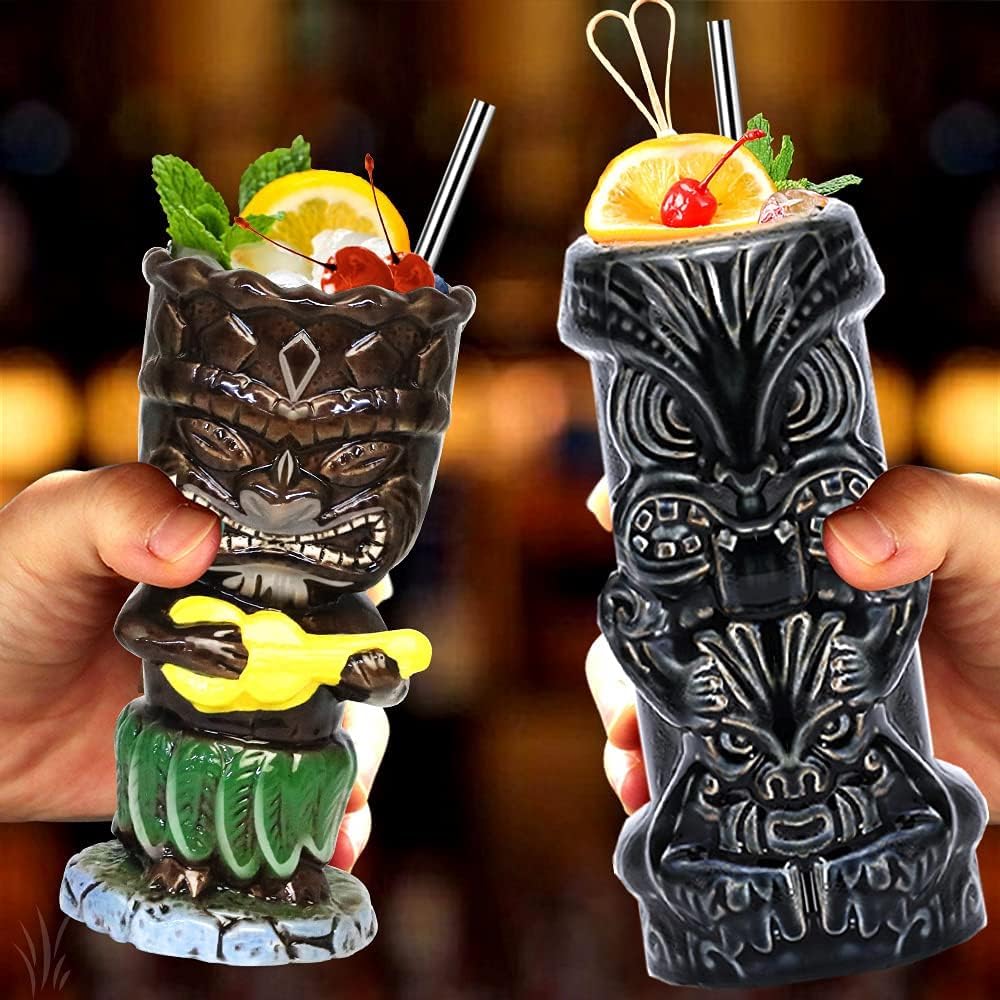 Barware Set (for cocktails - tiki cups) 4-piece set - ceramic party cups - bar decoration - creative - large Hawaiian beverage bar decoration - classic tropical drinkware - barware 4 sets
