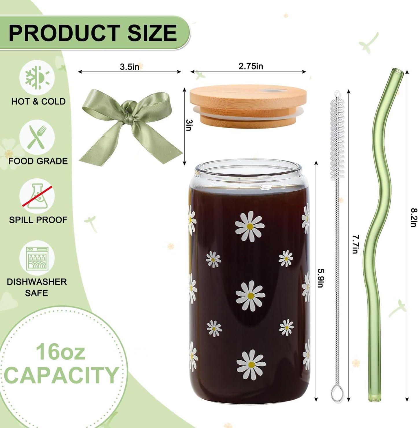 Cute Glass Matcha Cup with Lids and Straws, Teen Girl Birthday Gifts Daisy Iced Coffee Cups, Sage Green Aesthetic Mug Tumbler for Mothers Day Christmas Valentines Coffee Lover 16oz