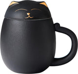 Cat Tea Cup (with filter and lid) - 13.5 oz ceramic cup - A suitable gift for cat lovers to give to friends and family. (Black)