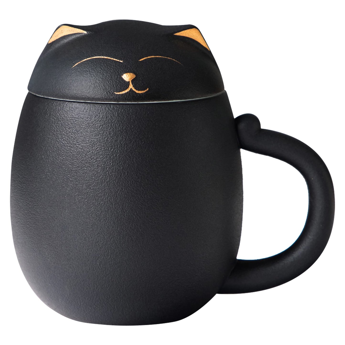 Cat Tea Cup (with filter and lid) - 13.5 oz ceramic cup - A suitable gift for cat lovers to give to friends and family. (Black)