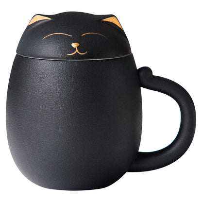 Cat Tea Cup (with filter and lid) - 13.5 oz ceramic cup - A suitable gift for cat lovers to give to friends and family. (Black)