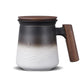 A pressed ceramic tea cup with a filter and lid, with a capacity of 14.5 ounces, a wooden handle. It is a gift set suitable for tea lovers, including a tea infuser cup and a filter.