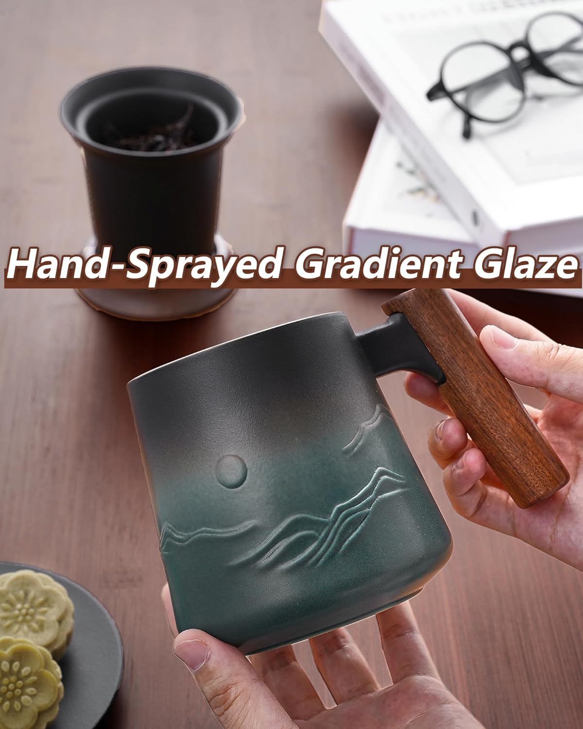 A pressed ceramic tea cup with a filter and lid, with a capacity of 14.5 ounces, a wooden handle. It is a gift set suitable for tea lovers, including a tea infuser cup and a filter.
