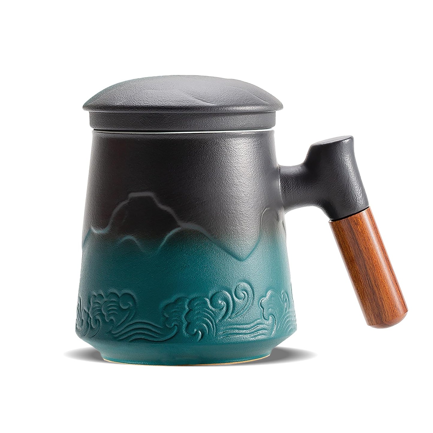 A pressed ceramic tea cup with a filter and lid, with a capacity of 14.5 ounces, a wooden handle. It is a gift set suitable for tea lovers, including a tea infuser cup and a filter.